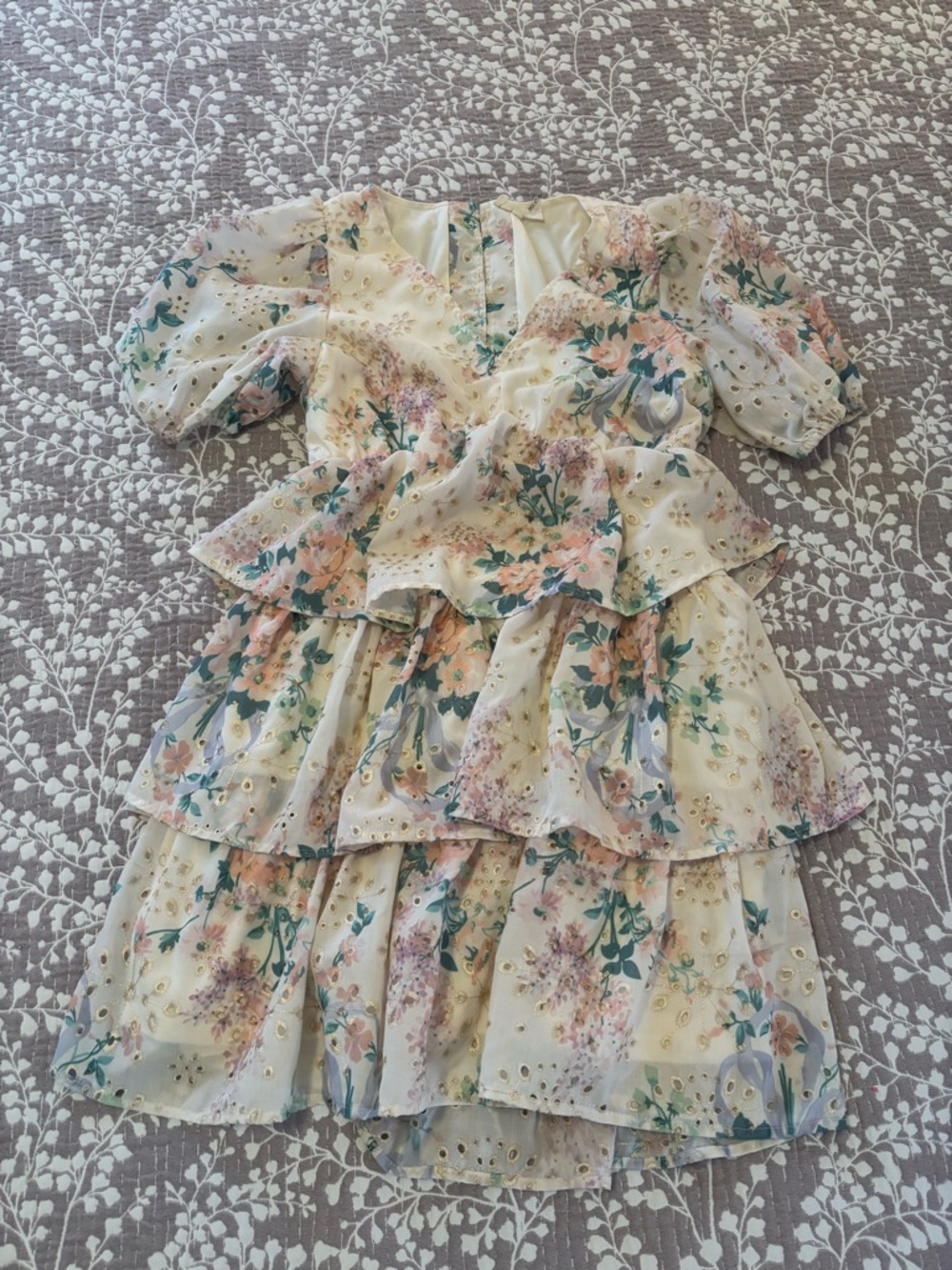 entro Cream Floral Eyelet Tiered Dress with Pink & Green Accents